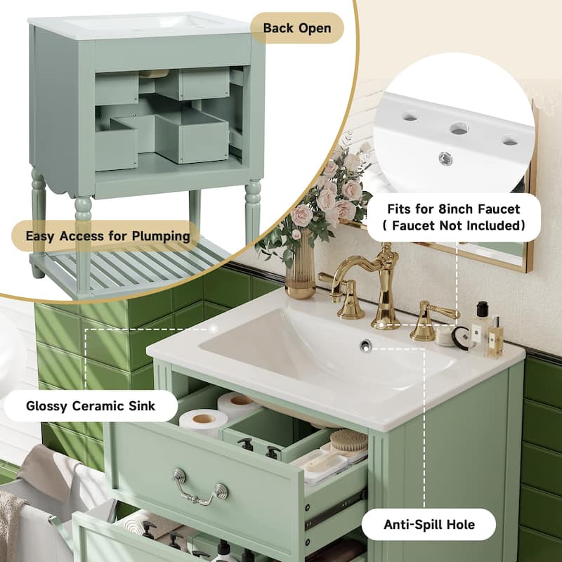 24" Bathroom Vanity with Ceramic Sink, Drawers and an Open Shelf
