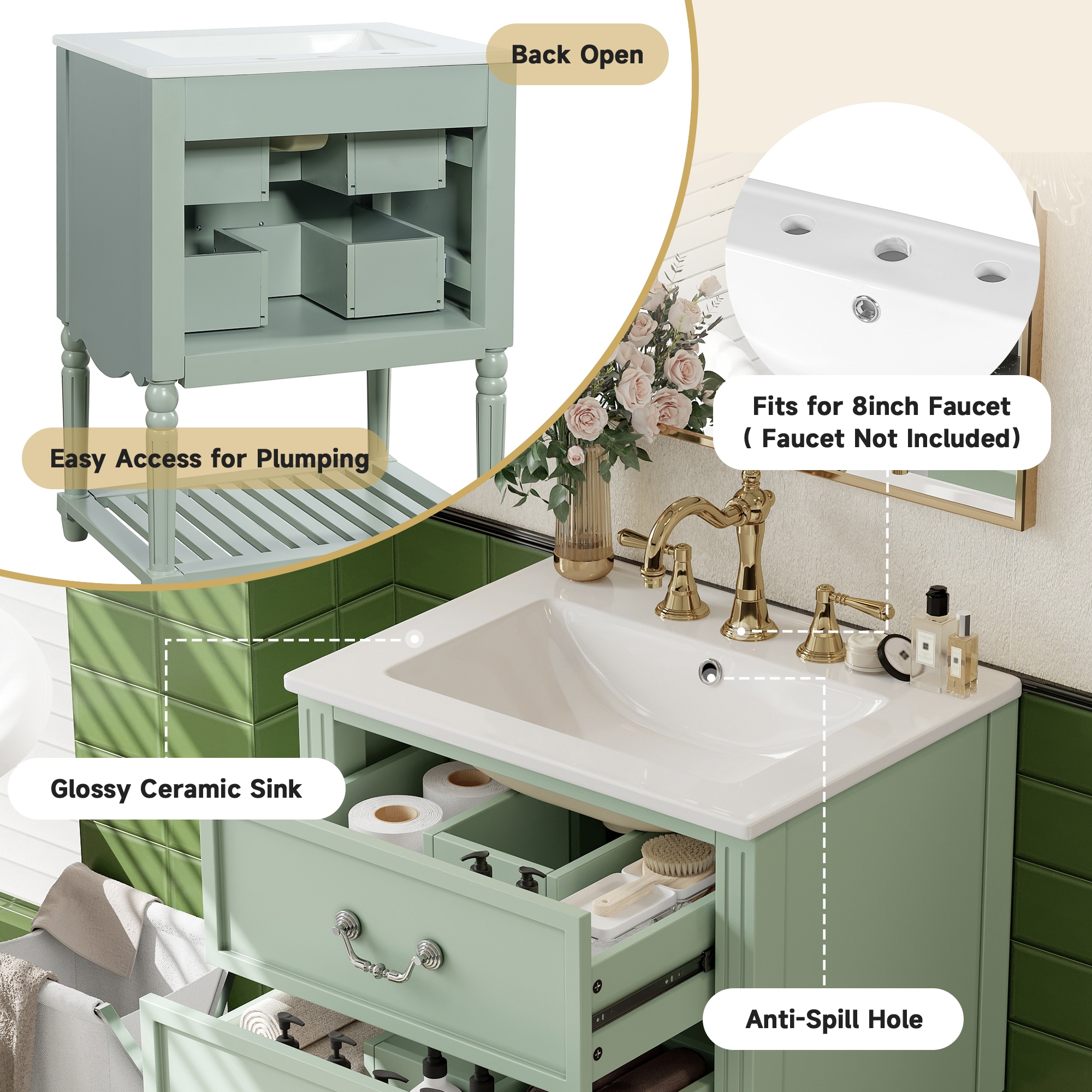 24" Bathroom Vanity with Ceramic Sink, Vintage Wave Design Cabinet with 2 Drawers and Open Shelf