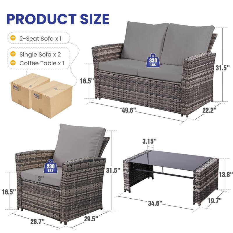 4-Piece Wicker Outdoor Sofa Set, 1 Loveseats, 2 Single Sofas, 1 Table