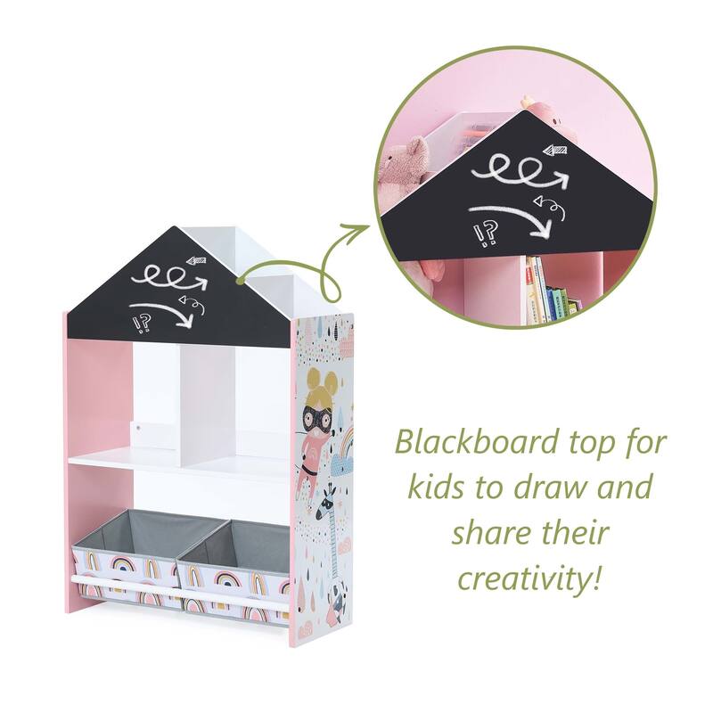Children's Multi-Functional House Bookcase Toy Storage Bin Floor Cabinet with Blackboard