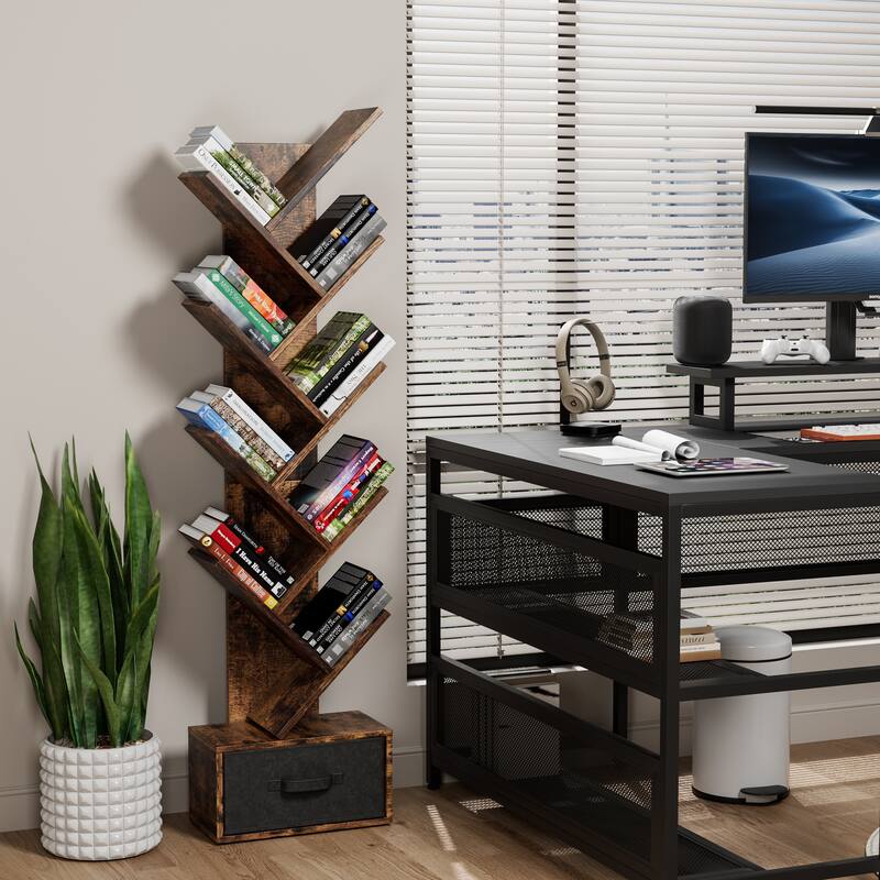 9 Tier Tree Bookshelf with Drawer Bookcase, Modern Book Storage, Free Standing Tree Bookcase, Utility Organizer Shelves
