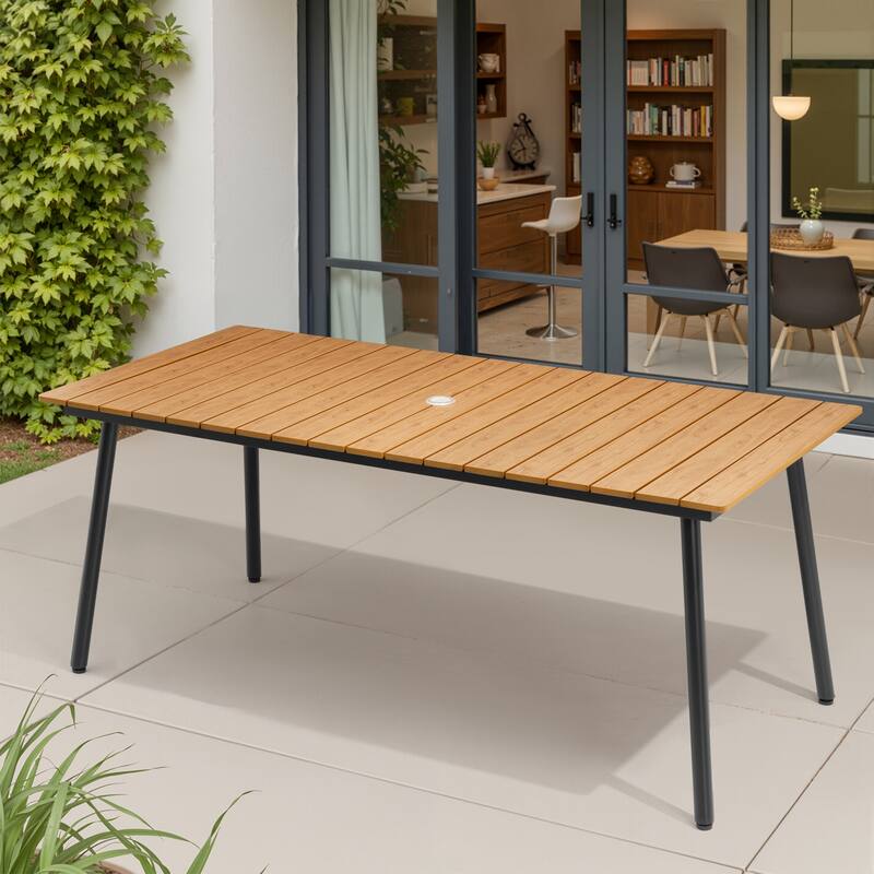 70in Outdoor Patio Rectangle Aluminum Wood-Like Dining Table with Umbrella Hole