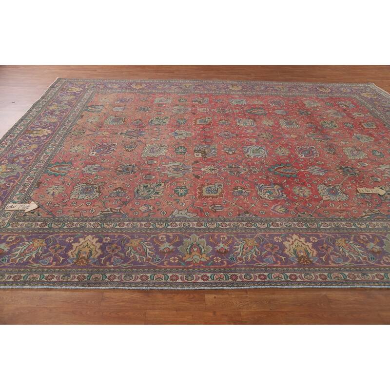 Hand Knotted Oriental 100% Wool Carpet Traditional All-Over Pink Tabriz Area Rug - 12' 8'' X 9' 8''