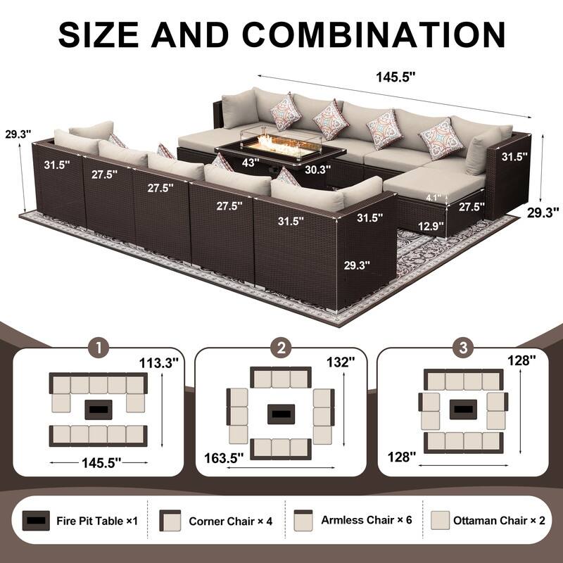 13-Piece Outdoor Wicker Patio Sectional Conversation Set with 43" CSA Fire Pit Table