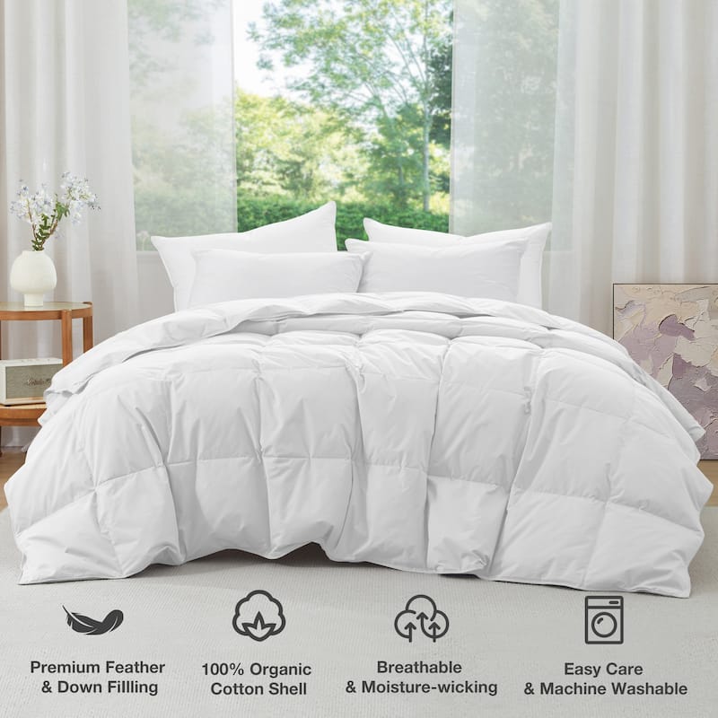Lightweight 100% Organic Cotton Feather Down Comforter Summer Duvet Insert - King - White