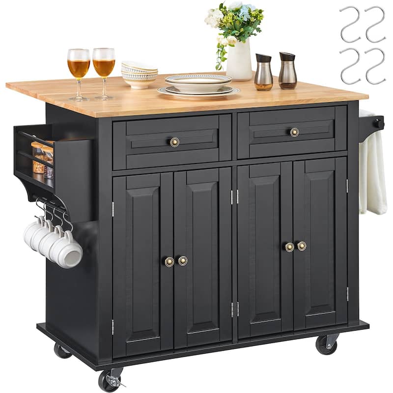 Black Kitchen Island Cart Rolling Storage Cabinet on Wheel with 2 Drawer and 2 Adjustable Shelves - 43x28x32 inch