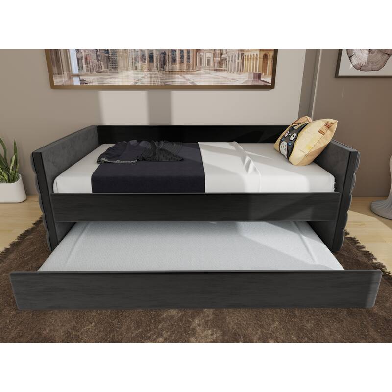 Twin Size Upholstered Daybed, Living Room Twin Day Bed Frame with Trundle Bed, Velvet Fabric Sofa Bed Frame with Gold Accents - Black - Twin
