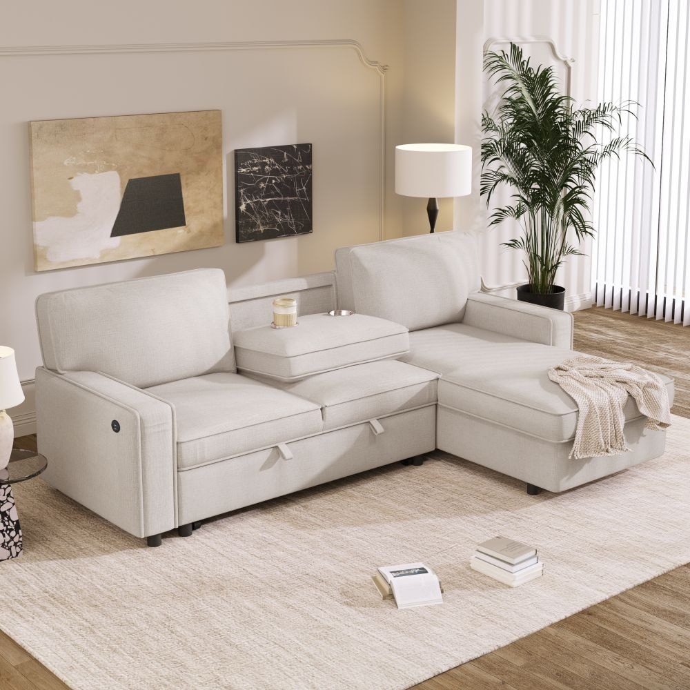 Abrihome Grey U-STYLE Upholstery Sleeper Sectional Sofa with Storage Space  and 2 Tossing Cushions