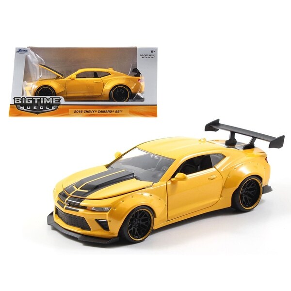 2016 Chevrolet Camaro Ss Wide Body With Gt Wing Metallic Yellow With Black Stripes 1 24 Diecast Model Car By Jada