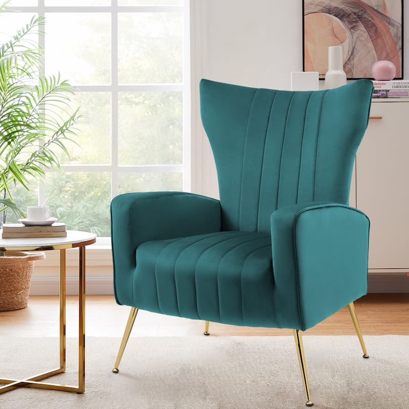 Mid-Century Velvet Wingback Accent Chair with Metal Legs - Peacock Blue