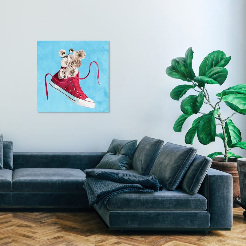 Wynwood Studio Fashion and Glam Sneaker Flower Vase Red and Crimson Modern & Contemporary Wall Art Canvas Print - 30 x 30