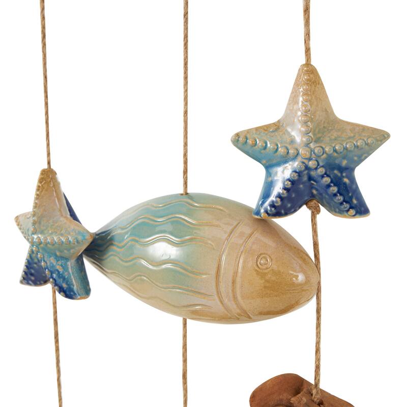 Blue Ceramic Ombre Fish Windchime with Driftwood and Hanging Starfish Accents