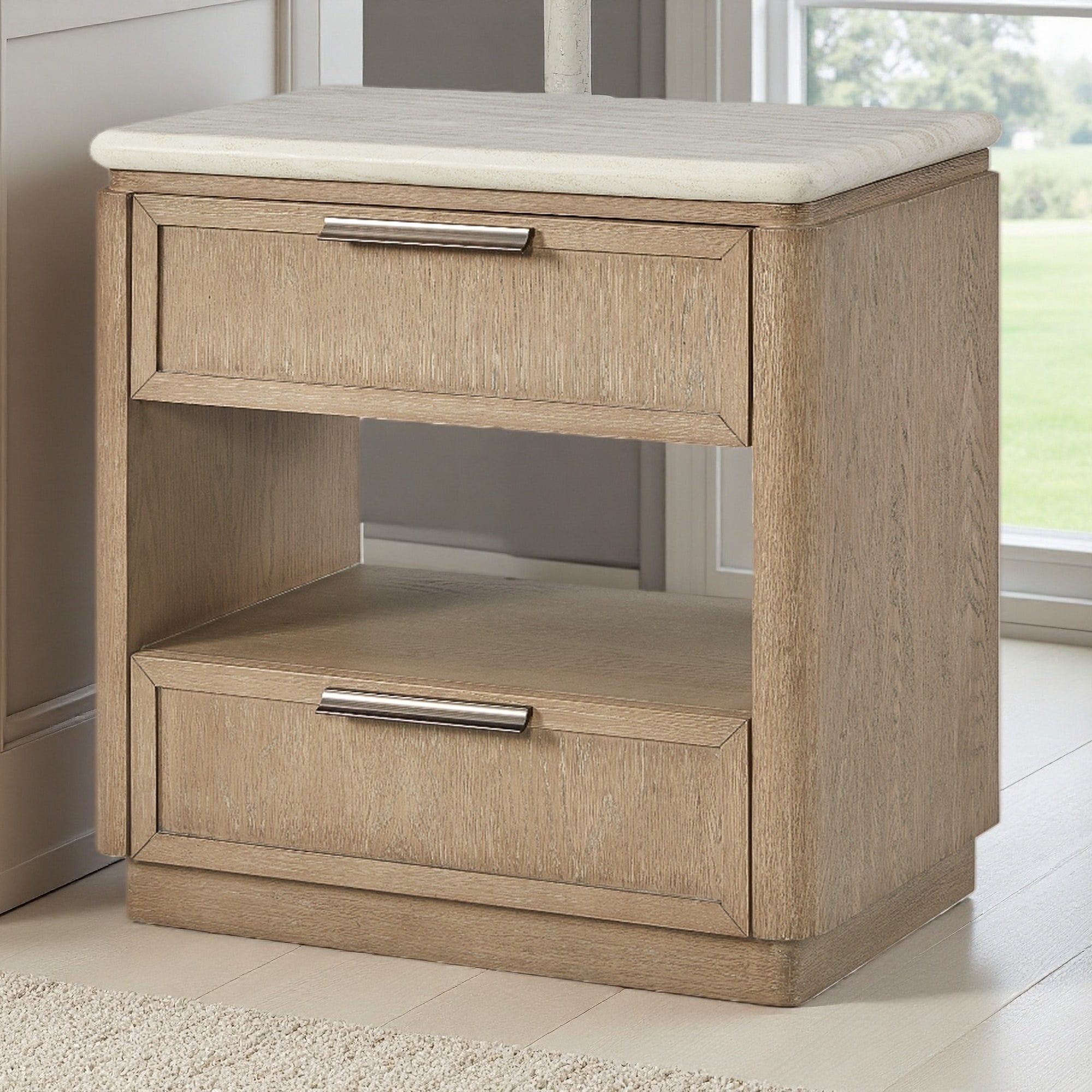 28.5"L 2-Drawer Nightstand with Oak Veneer Drawer Fronts, Stone Top, Open Shelf, Felt Cedar-Lined Storage, USB Charging Ports