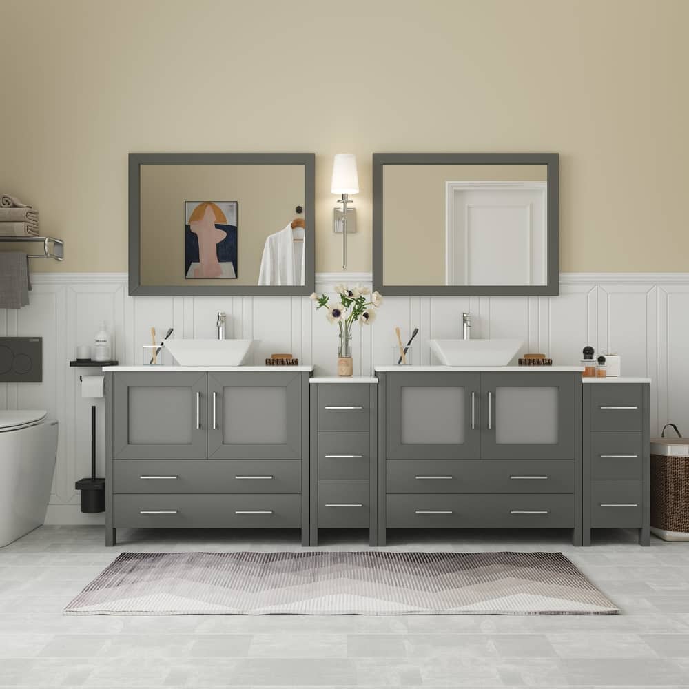 Vanity Art 96" Double Sink Bathroom Vanity Set with Engineered Marble Top and Free Mirror