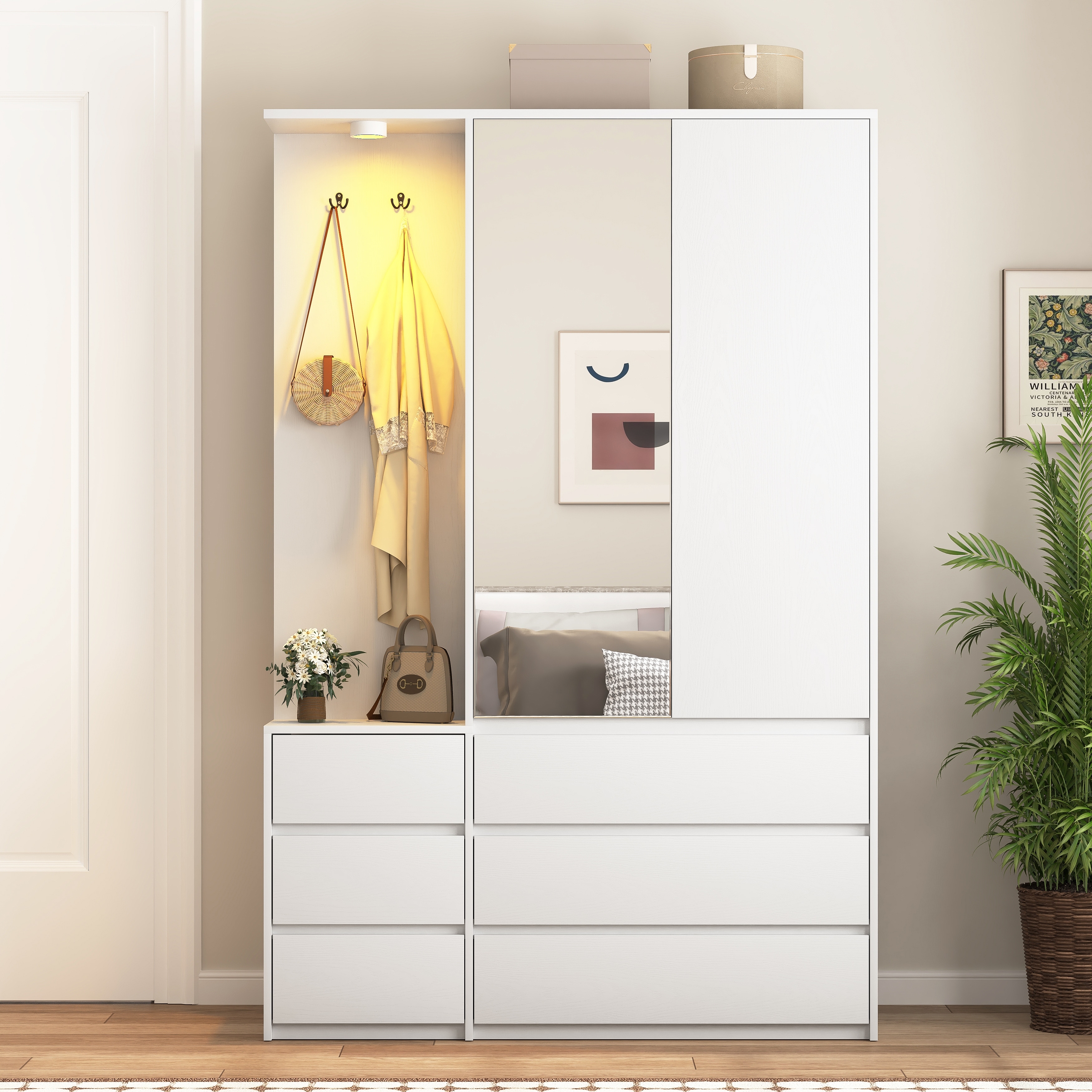 71.7" H Mirrored Door Wardrobe with Hanging Rail, 6 Drawers Armoire Wooden Closet