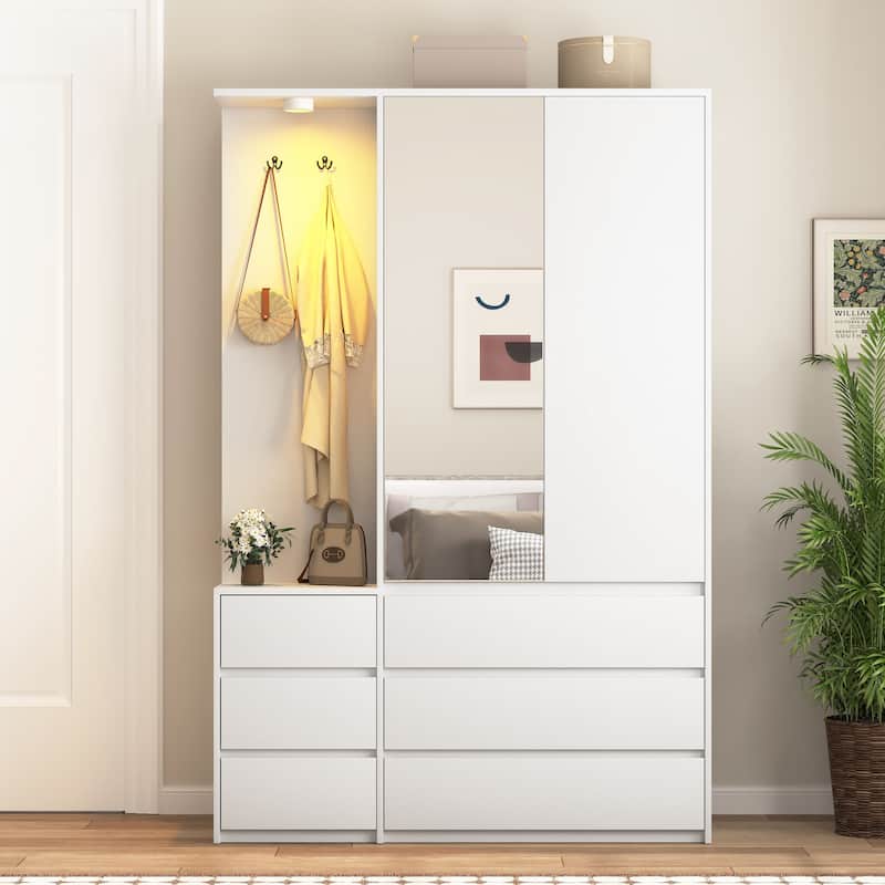 71.7" H Modern Wardrobe Closet with 2 Doors & 6 Drawers, Wooden Clothing Storage Cabinet with Hanging Rail