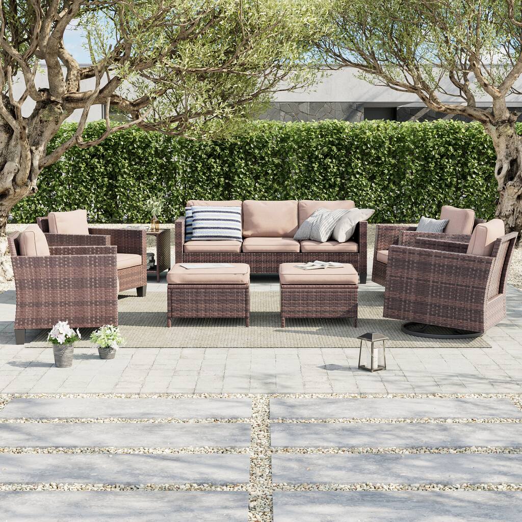 LIVOOSUN 8Pcs Patio Rocking Swivel Chair Sectional Brown Wicker Ottoman Sofa Set
