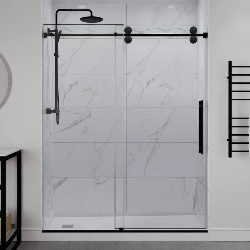 ANZZI Series 56 to 60 in. x 76 in. Frameless Shower Door with Sliding with Tsunami Guard Tempered Clear Glass - Matte black