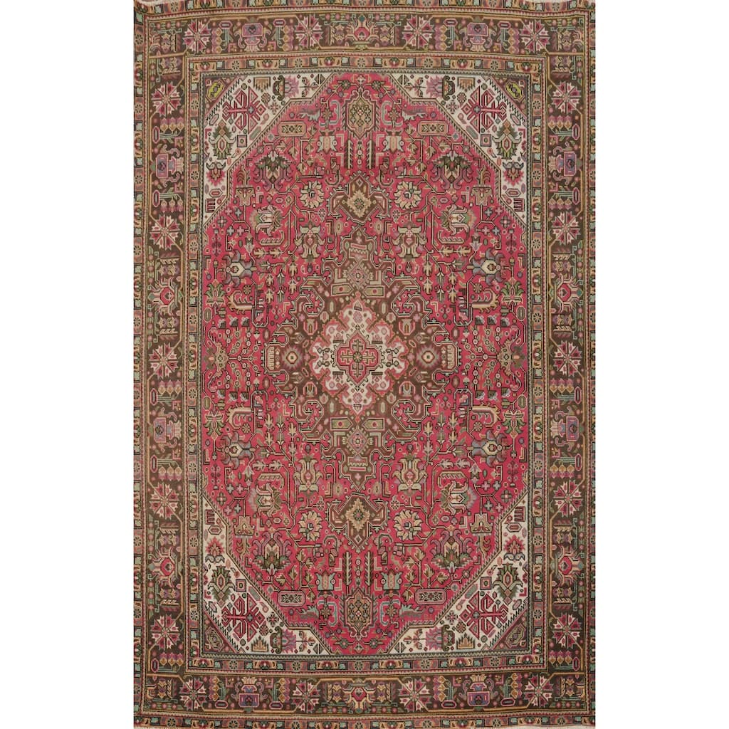 Hand Knotted Oriental 100% Wool Carpet Traditional Floral Pink Tabriz Area Rug - 9' 2'' X 6' 4''