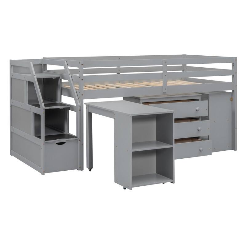 Twin/Full Size Loft Bed with Retractable Writing Desk and 3 Drawers, Wooden Loft Bed Frame w/ Storage Stairs & Shelves for Kids