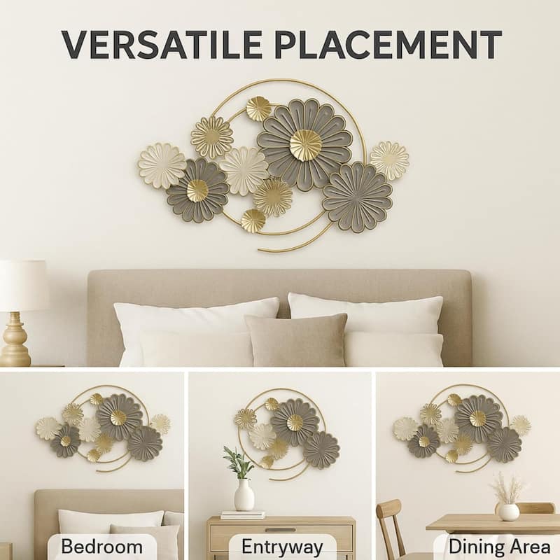 Gold Neutral Horizontal Floral Metal Wall Art 47x24 Oversized Decor