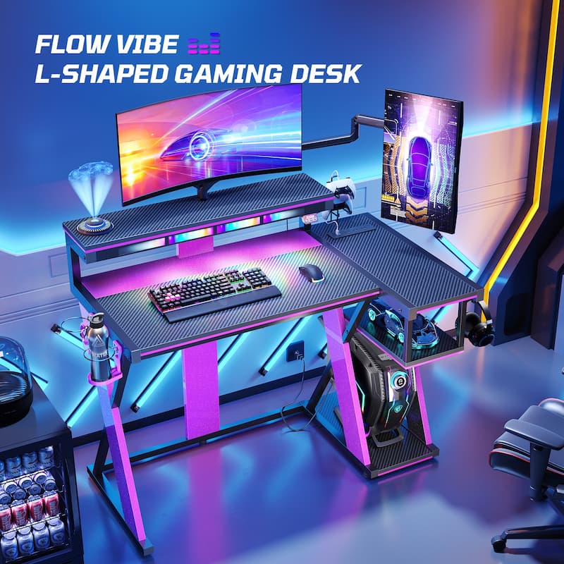 Bestier 42" Computer Desk with Music Sync Light, Corner Desk with Monitor Stand and PS5 Storage Shelves and Headset Hooks