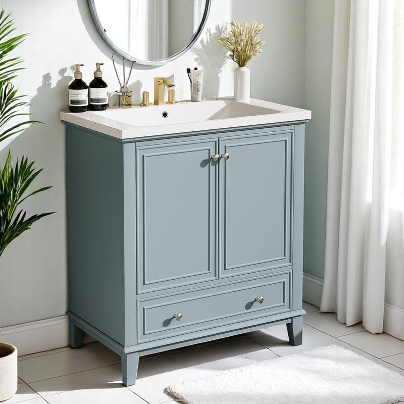 30" Bathroom Vanity with Sink Combo, Solid Wood Frame, Adjustable Shelf, Drawer & Cabinet Storage - Green