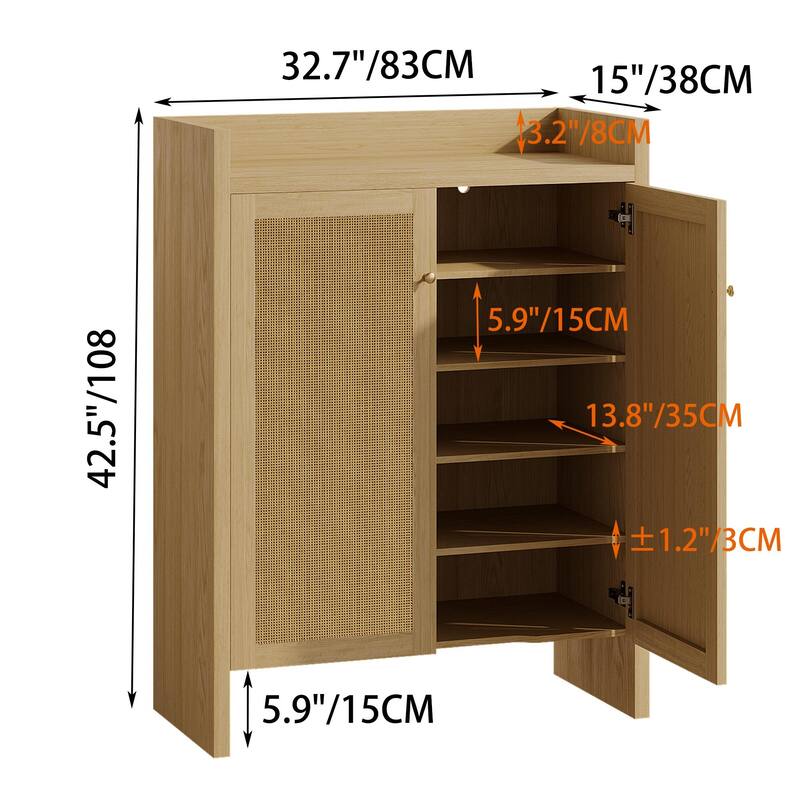 Anmytek Walnut Rattan Shoe Cabinet with Doors and 6 Tier Adjustable Shelves Wooden Entryway Shoe Organizer