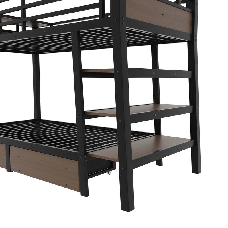 Metal Bunk Bed with Open Storage Shelves, Underbed Drawers and Built-in Desk with Charging Station for Guest Rooms or Dorms