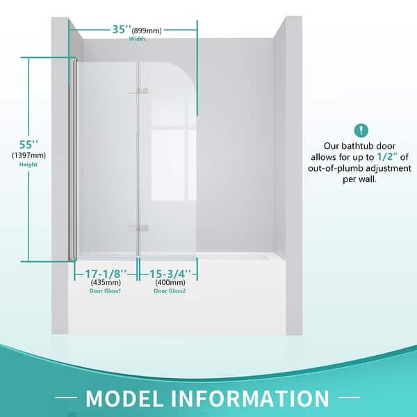 dimension image slide 1 of 2, i-Homare 35 in. W x 55 in. H Frameless Tempered Glass Tub Door