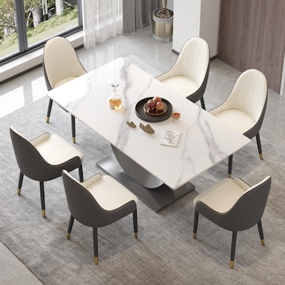 71" Antique White Marble Sintered Stone Table Top,Rectangle Dining Room Table with Stainless Steel Pedestal
