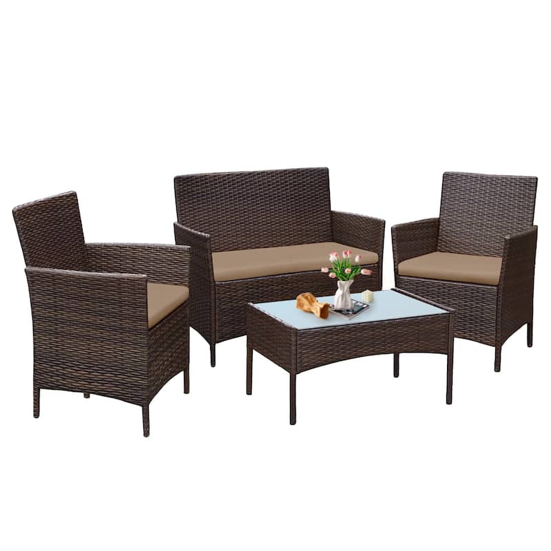 4 Piece Outdoor Patio Furniture Set With Cushions, Patio Wicker Conversation Set & Glass Coffee Table
