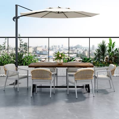 Outdoor Dining Table Chair Set, 6 Piece Patio Acacia Wood Furniture Set with Rectangular Table and Rattan Chairs