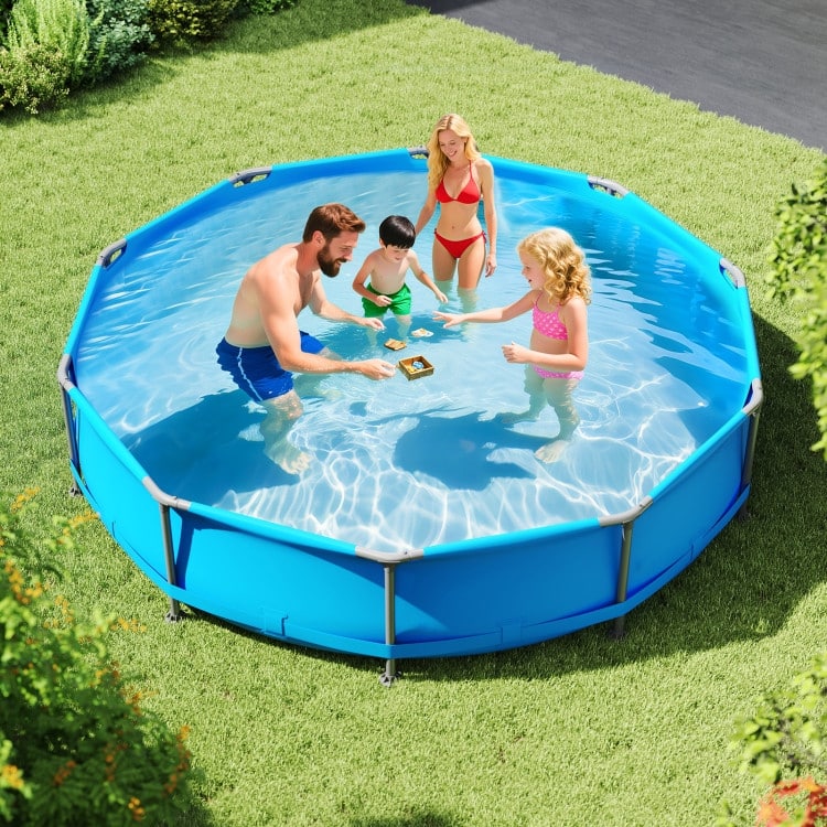 Blue-Grey PVC Metal Family Outdoor Ground Swimming Pool with Drain and Sturdy Frame