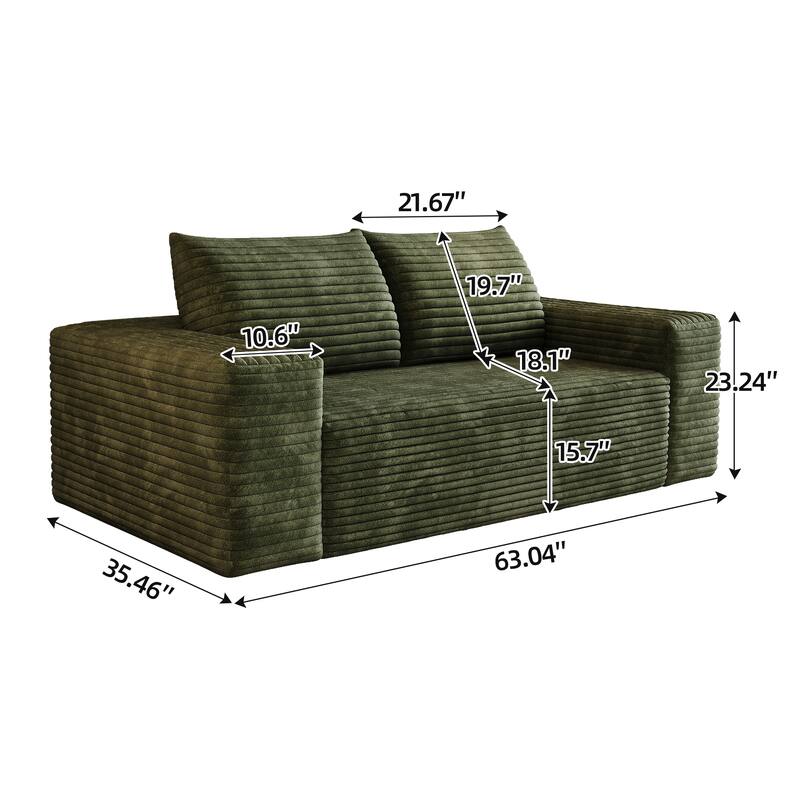 63" Corduroy 2-Seater Sofa, Deep Seat Comfy Loveseat Couch, No-Assembly Soft Fabric Sofa for Living Room & Apartments
