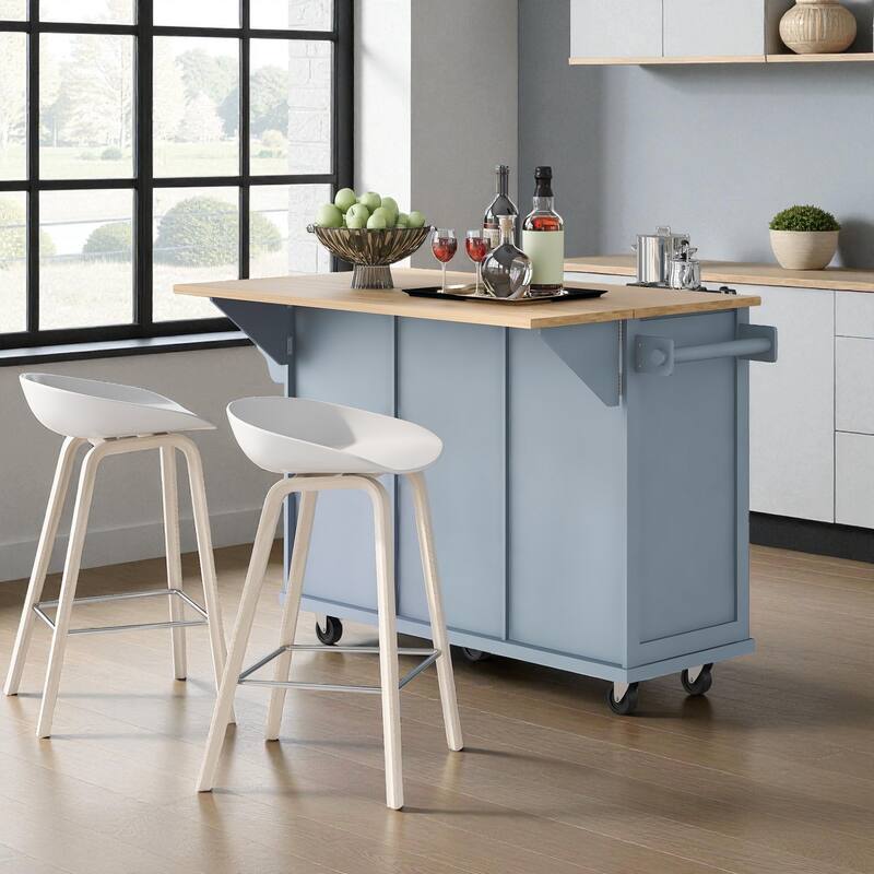 53" Kitchen Island Cart with Rubber Wood Drop Leaf, Rolling Storage Cabinet with Drawers, Spice & Towel Rack