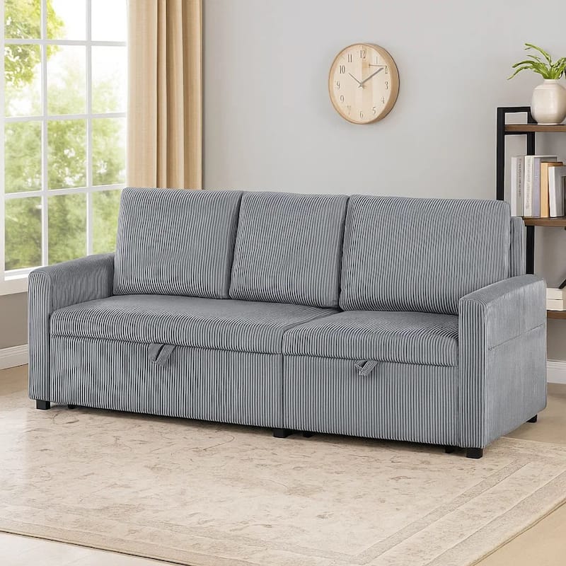 Swin Sofa w Pull Out Chaise and Storage, Gray Corduroy, 70 Inch
