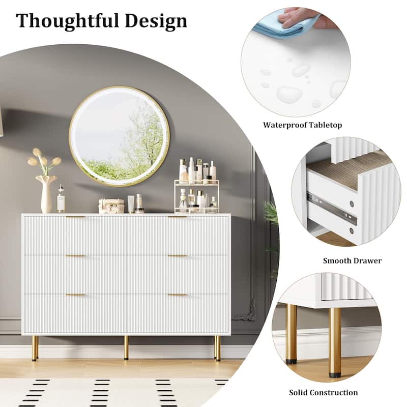 6 Drawer Fluted Dresser for Bedroom, Modern Wooden Storage Chest with Gold Handles