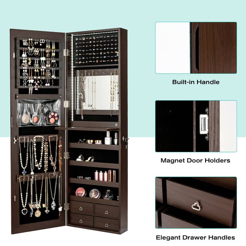 Gymax Mirror Jewelry Cabinet 96 LED Lights Wall Door Mounted Armoire - See Details