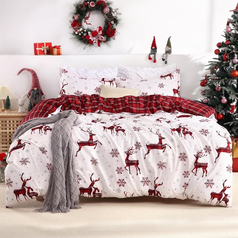 Christmas Soft Brushed Reindeer Duvet Cover and Pillow Shams Set, Bedding Set - King