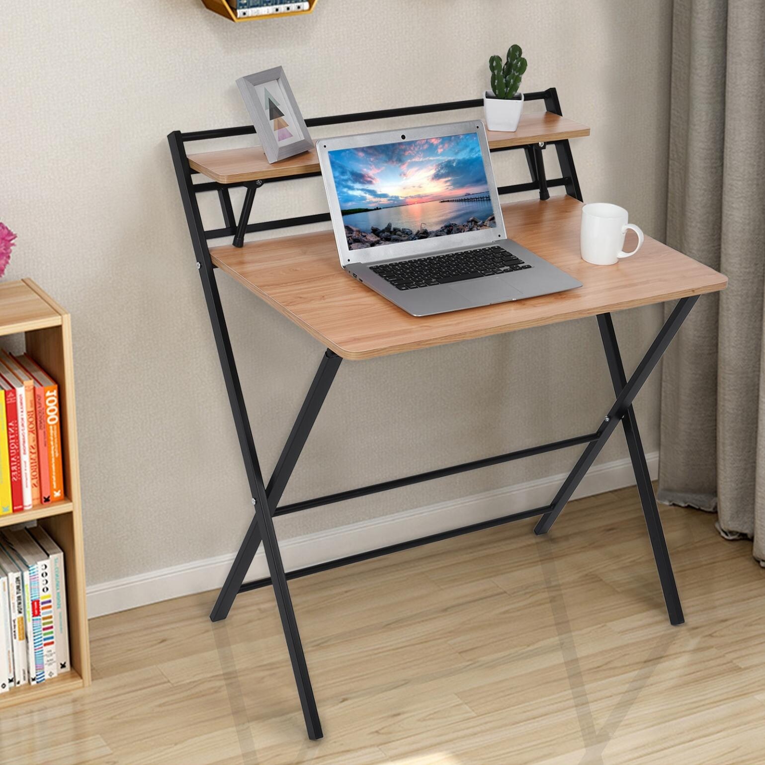 Espresso GreenForest Folding Desk and Coffee Table 2-Tier No Assembly Required Foldable Table Industrial Open Shelf Coffee Table with Metal Frame Brown