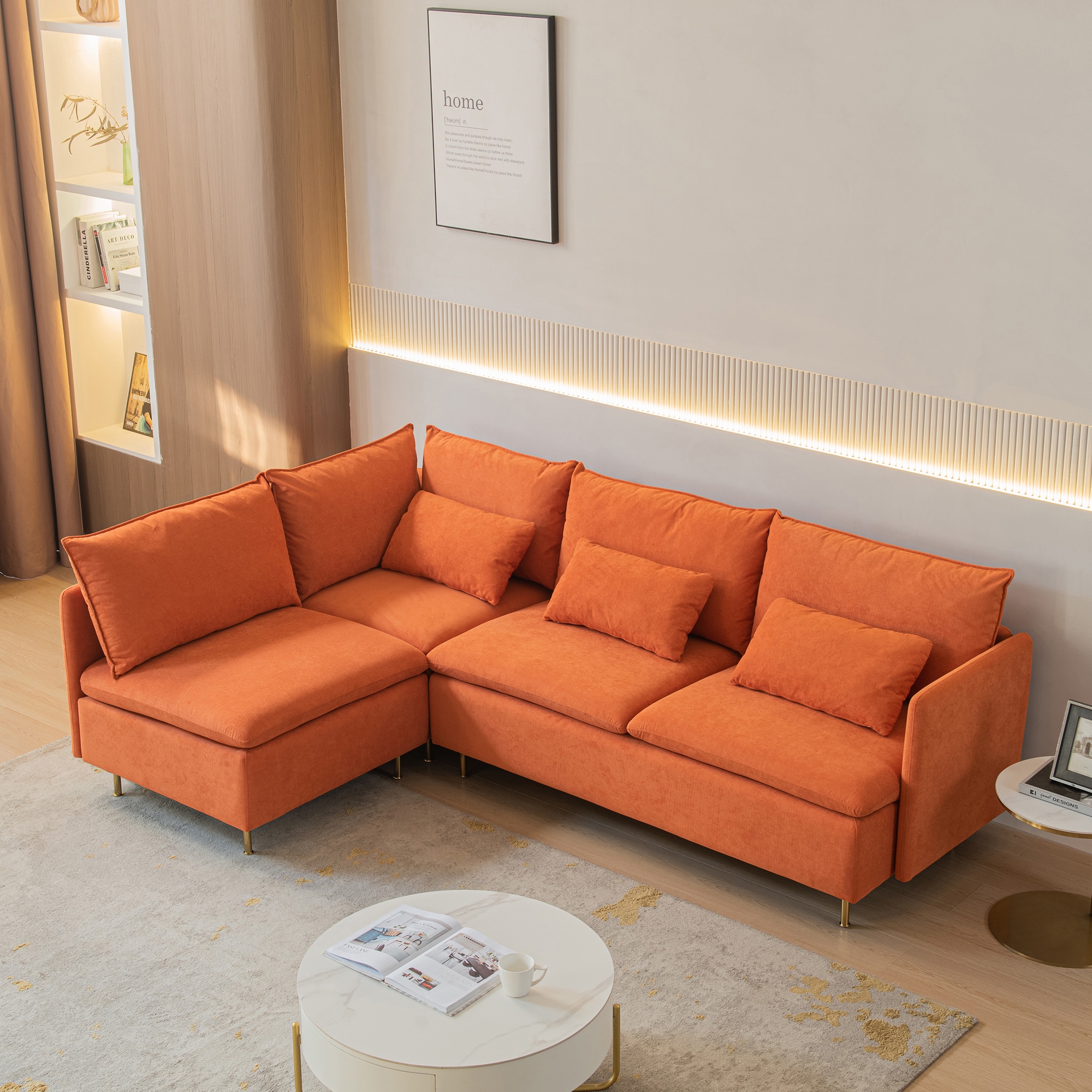 90.9 L Shaped Sectional Sofa 3 Seat Corner Couch with 3 Throw Orange Bed Bath Beyond 39372893
