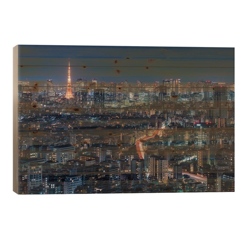 Tokyo Skyline At Night With Tokyo Tower Print On Wood by Jan Becke - Multi-Color - 18x26x1.5
