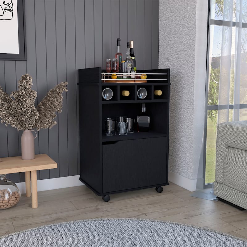 Bar Cart with 2 Open Shelves 4 Cubbies and Cabinet - Black