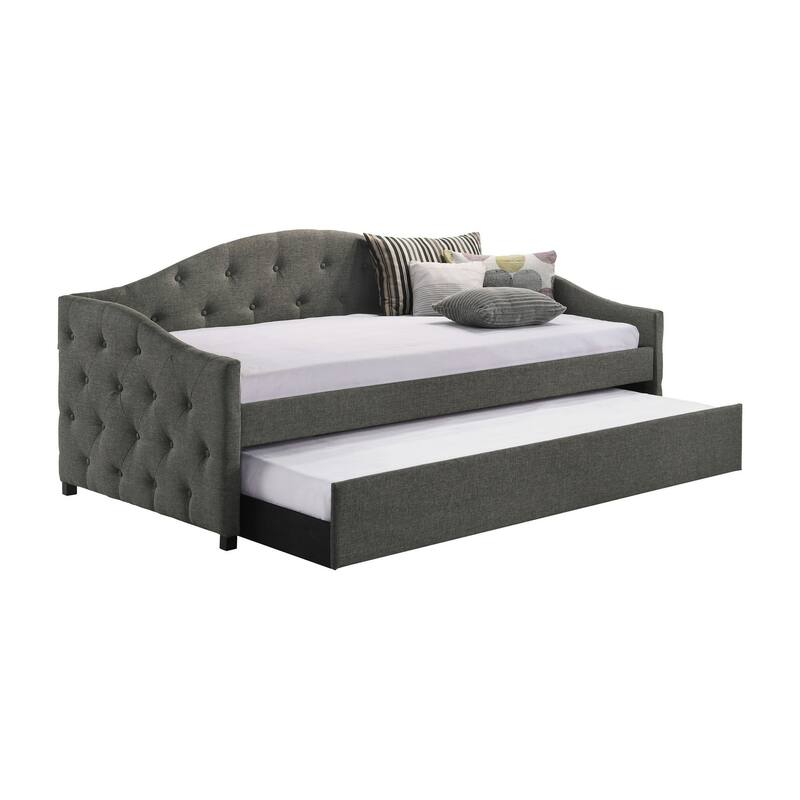 Mosh Twin Daybed with Trundle, Camel Back, Button Tufted, Gray Upholstery
