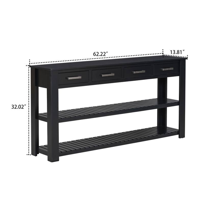 Classic Retro Wooden Living Room Hallway Console Table - Four Drawers and Two Bottom Shelves