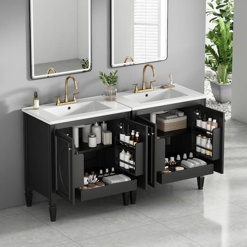 60" Bathroom Vanity with Double Sink Combo Set, Ceramic Sink, Soft Close Doors with Shelf, Storage Drawer