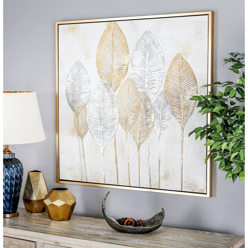 Canvas Leaf Framed Wall Art with Silver Accents and Gold Frame - Gold or White - CosmoLiving by Cosmopolitan