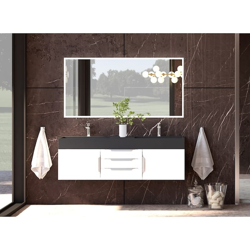 Amazon 60" Wall Mounted Bathroom Vanity Set w/ Black Top