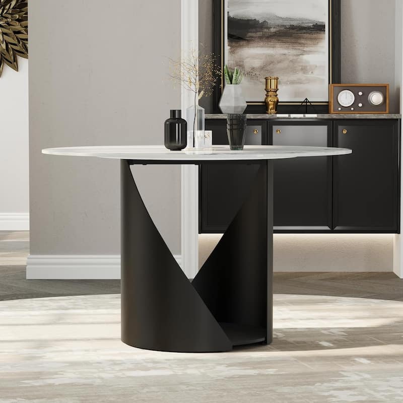 White Round Sintered Stone Dining Table with Matte Black Sandblasted Texture Base - 48 inch